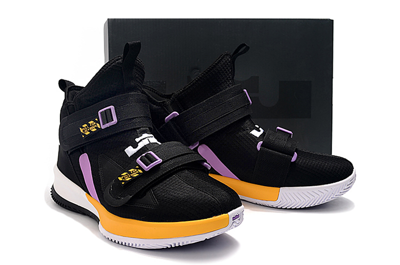 Men Nike Lebron James Soldier 13 Black Purple Yellow White Shoes